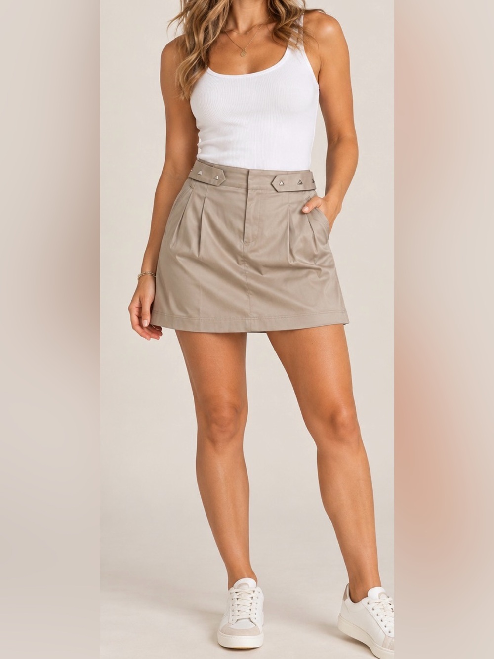 Three Eighty Two Women's Satin Beige Mini Skirt w/ Detailed Waist - NWT - Size